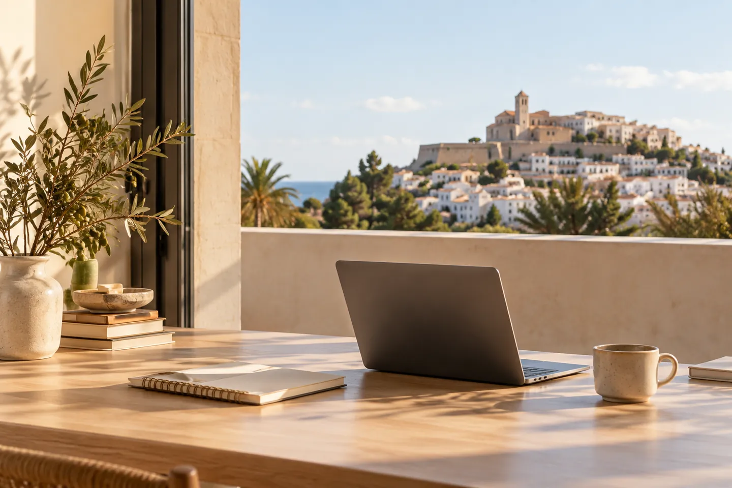 Escritorio con un portátil y una libreta frente a Dalt Vila, Ibiza